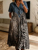 Women’sDenim Collar Mixed Leopard Zebra Print Spliced Midi Shirt Dress