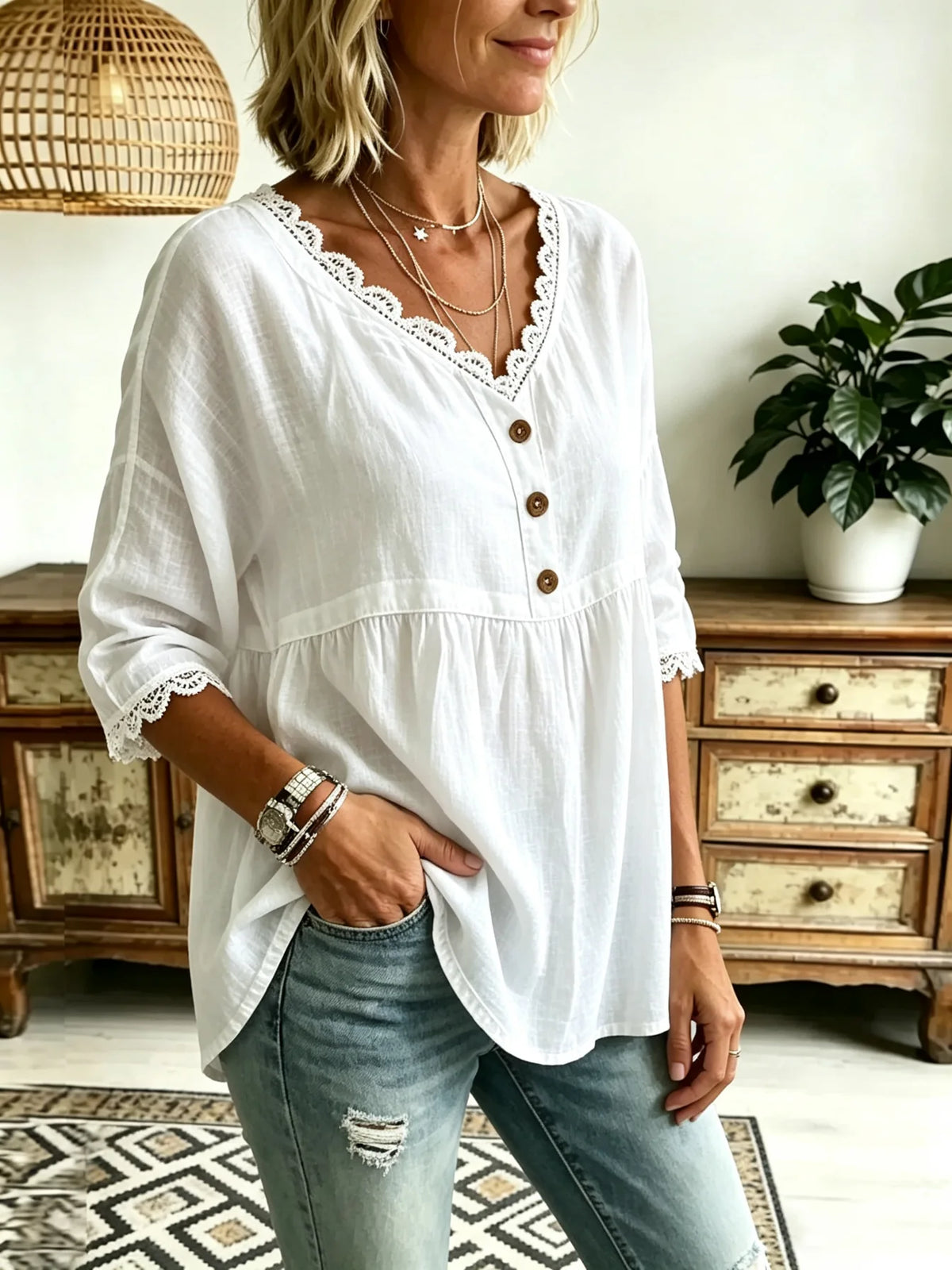 Women's Solid Simple Lace V-Neck 3/4 Sleeve Babydoll Blouse