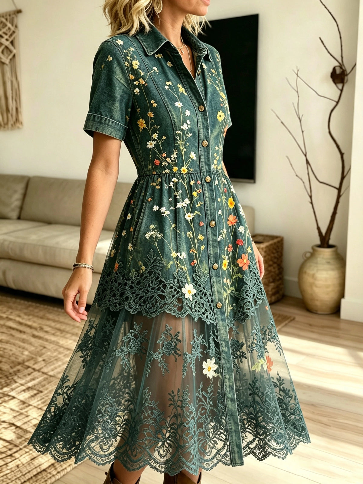 Women's Floral Lace Mesh Shirt Dress