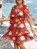 Women’s Red Floral Print Split Flare Sleeve Tiered Ruffle Chiffon Mini Dress