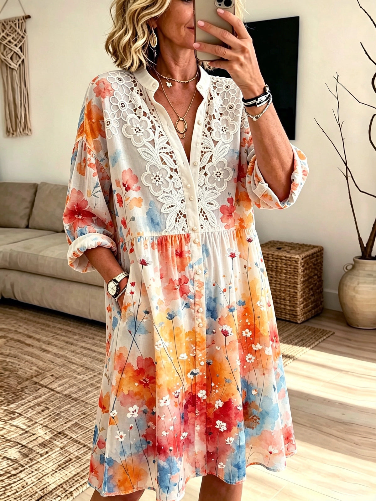 Women's Floral Crochet Lace Shirt Dress
