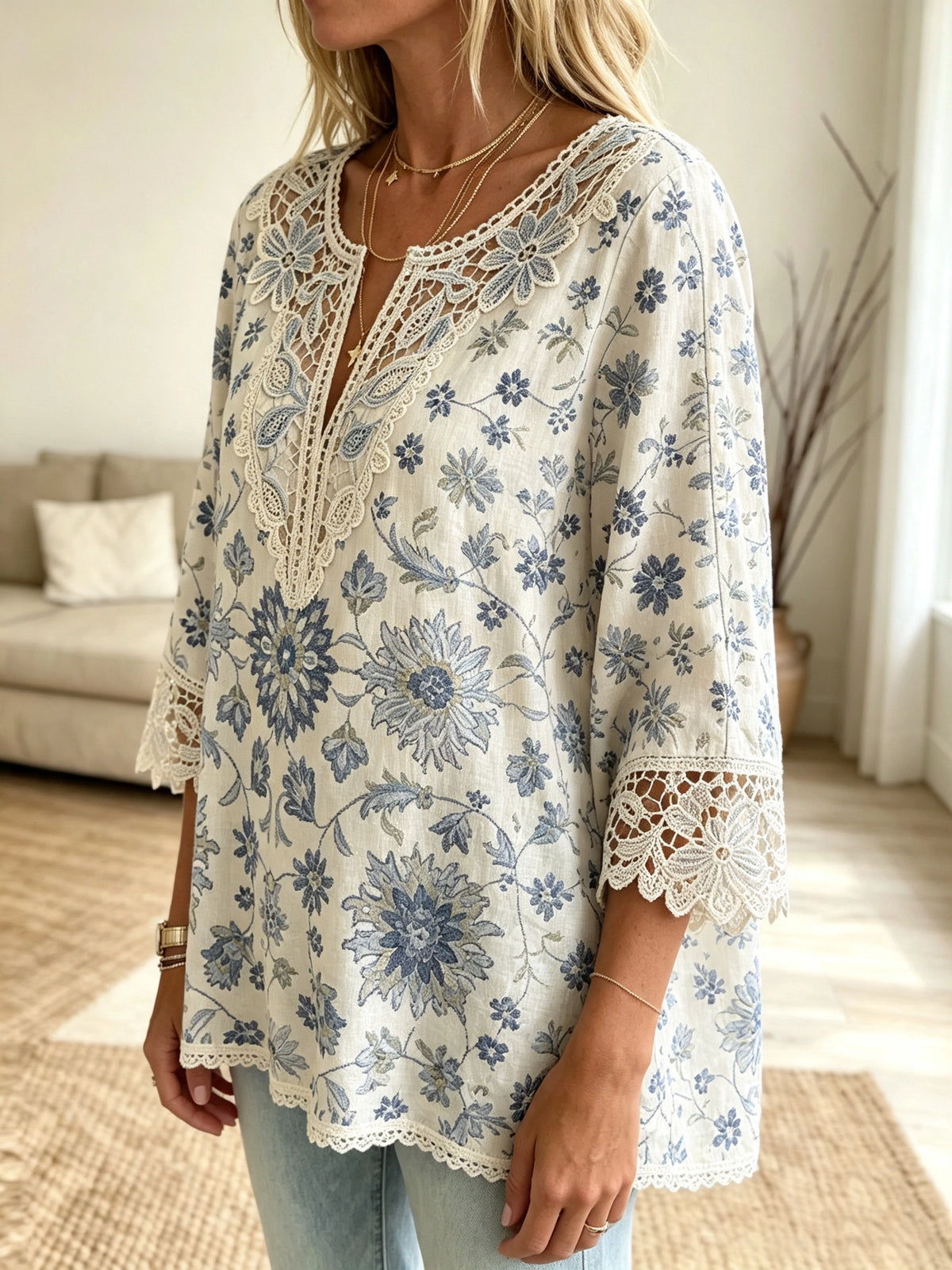Women's Floral Crochet Cutout Blouse