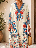 Retro Floral Pattern Art Print Casual V-neck Cotton Linen Maxi Dress