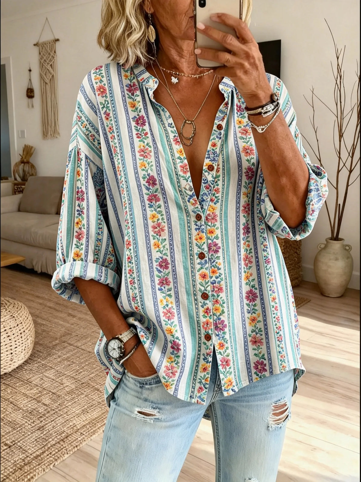 Women’s Colorful Floral Stripe Loose Shirt