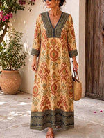 Retro Ethnic Pattern Art Print Casual V-neck Cotton Linen Maxi Dress