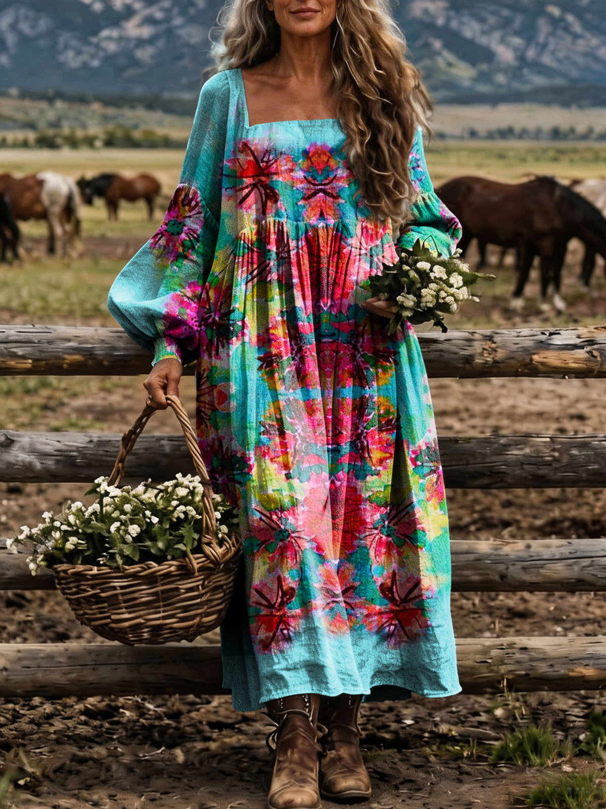 Women‘s Vibrant Watercolor Floral Square Neck Balloon Sleeve Boho Midi Dress