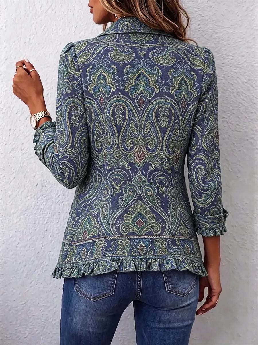 Retro Ethnic Floral Art Pattern Print Ruffle Casual Stylish Cotton Lapel Coat