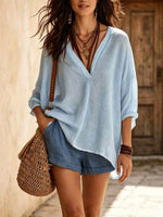 Women's Solid Color Art Casual V-Collar 3/4 Sleeve Long Shirt