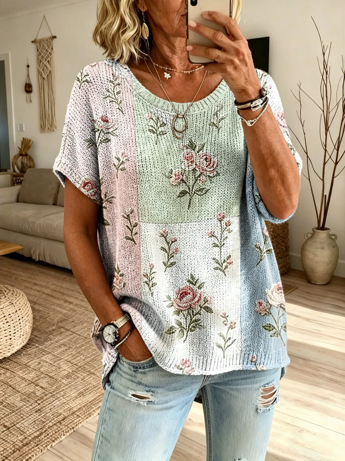 Women’s Color Block Watercolor Rose Print Loose Short Sleeve Knit Blouse