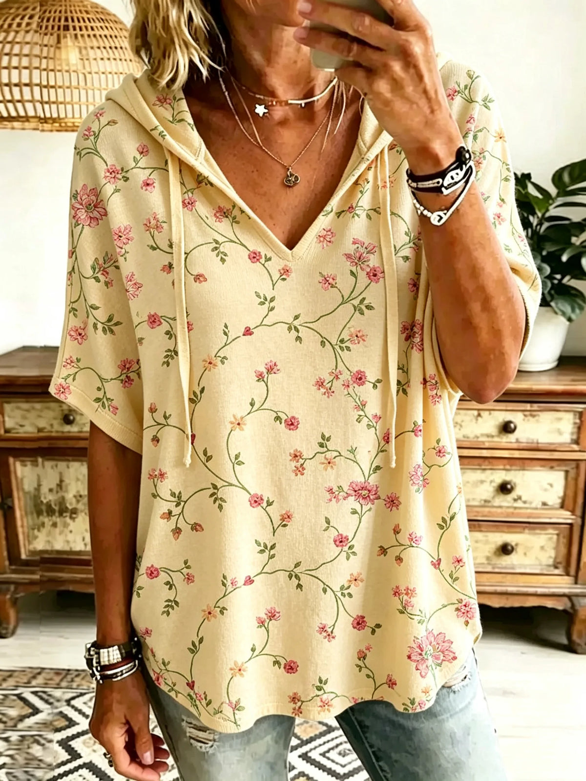 Women Vine Floral Art Print Hooded Short Sleeve Top