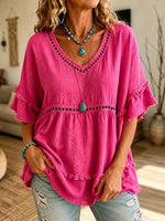 Women's Cutout Fringe Linen Blouse