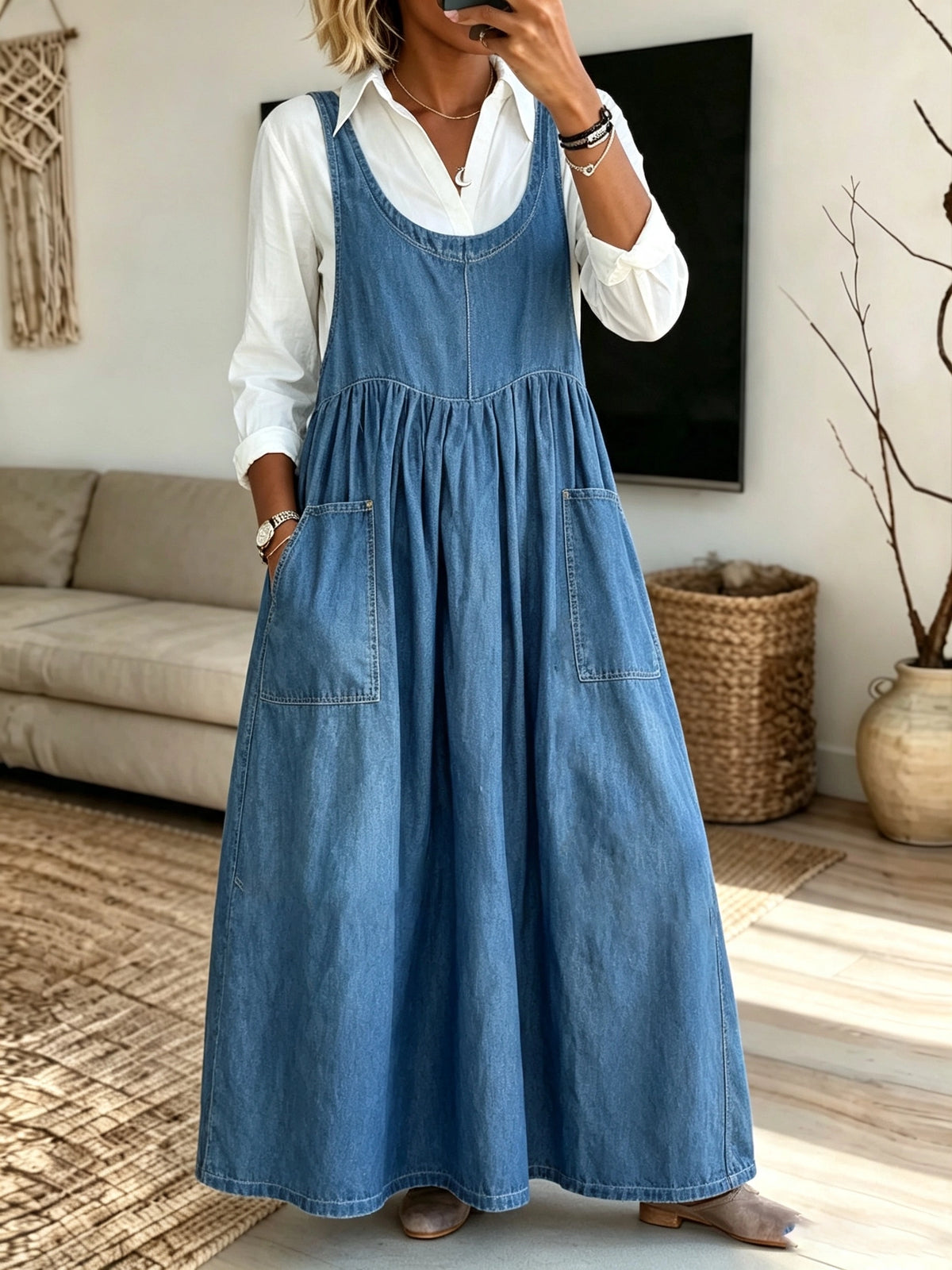 Women's Pocket Denim Overall Maxi Dress