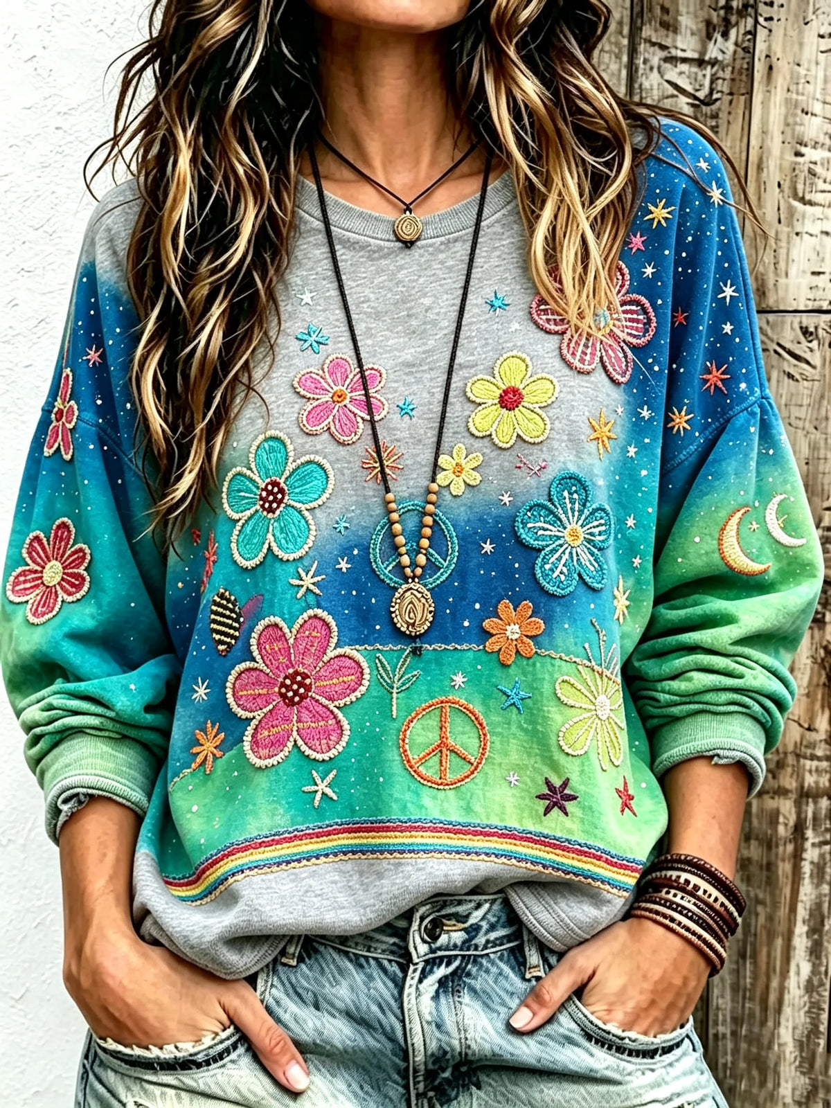 Women Teal Gradient Starry Floral Peace Sign Embroidery Oversized Sweatshirt