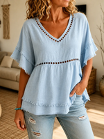 Women's Cutout Fringe Linen Blouse