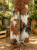 Women's Retro Pattern Art Print Casual Ruffle Hem Wide Leg Jeans