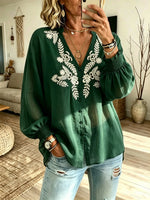 Women's White Botanical Print V-Neck Puff Sleeve Loose Blouse