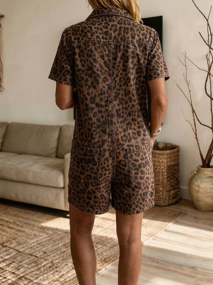 Women’s Hooded Leopard Print Short Sleeve Button Front Denim Romper With Pockets