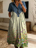 Women’s Denim Spliced Gradient Wildflower Print Shirt Midi Dress With Pockets