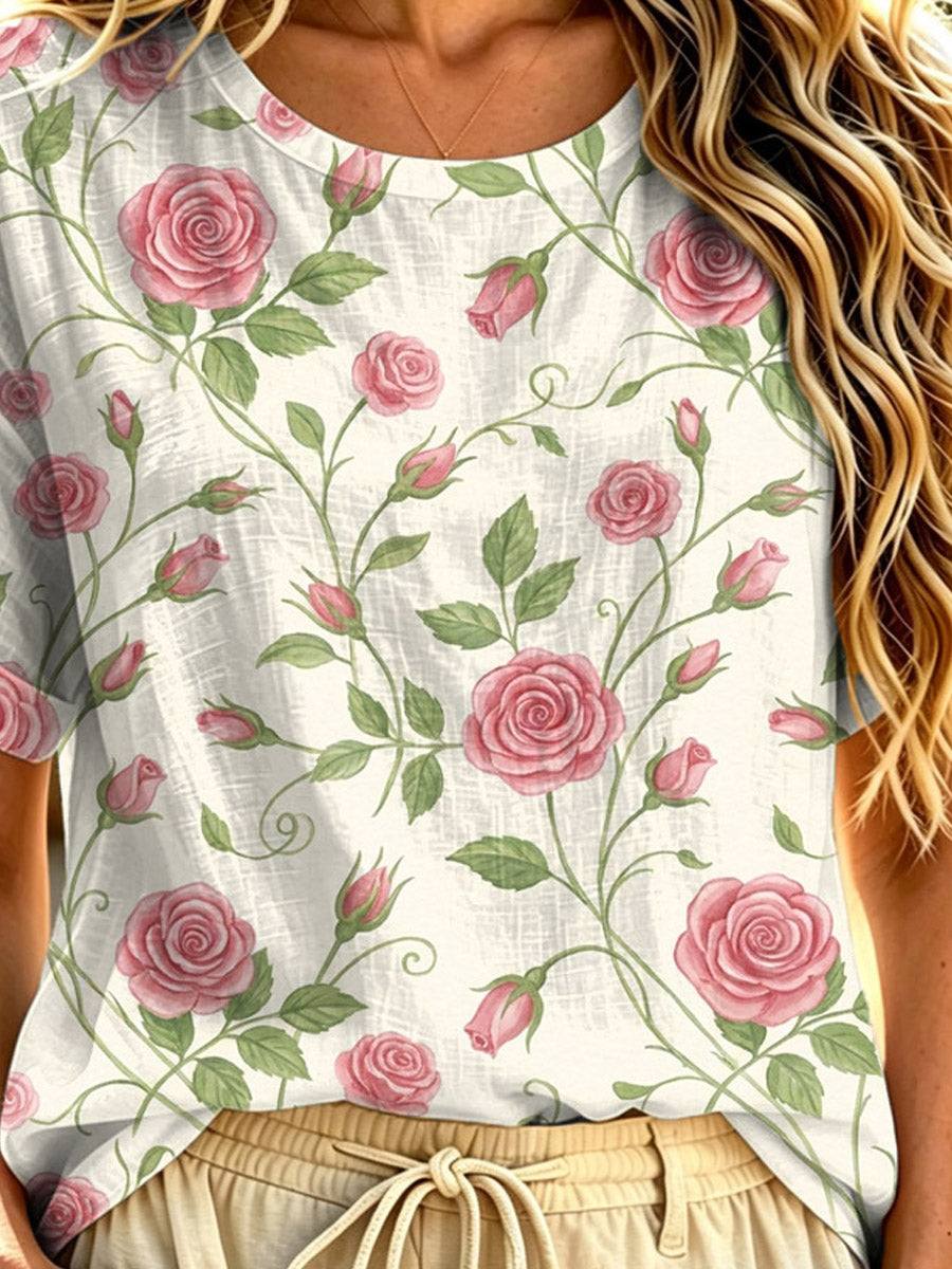 Women's Floral Pattern Art Print Casual Short Sleeve Cotton Linen T-shirt