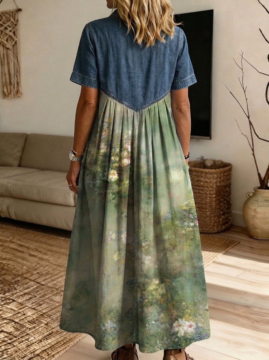 Women’s Denim Spliced Vintage Green Oil Painting Floral Shirt Midi Dress With Pockets
