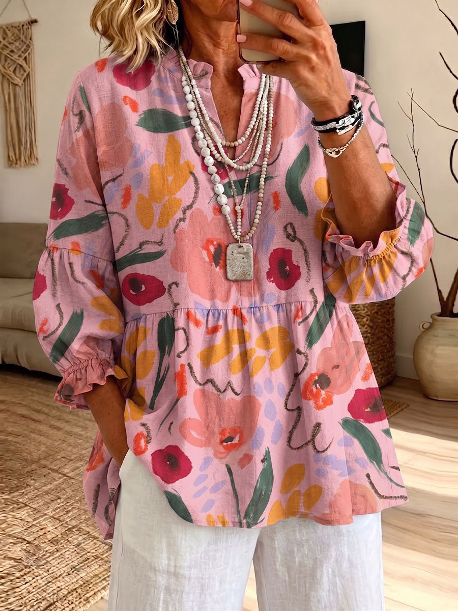 Vintage Elegant Ruffled Floral Patterned Shirt
