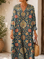 Retro Ethnic Floral Pattern Art Print Casual V-neck Long Sleeve Cotton Linen Maxi Dress