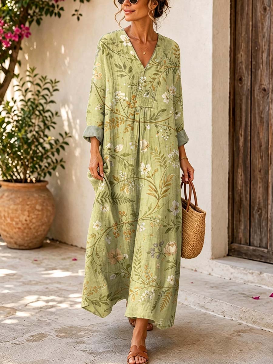 Retro Floral Pattern Art Print Casual V-neck Long Sleeve Cotton Linen Maxi Dress