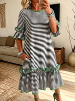 Green Trim Stripe Flounce Sleeve Pocket Midi Dress