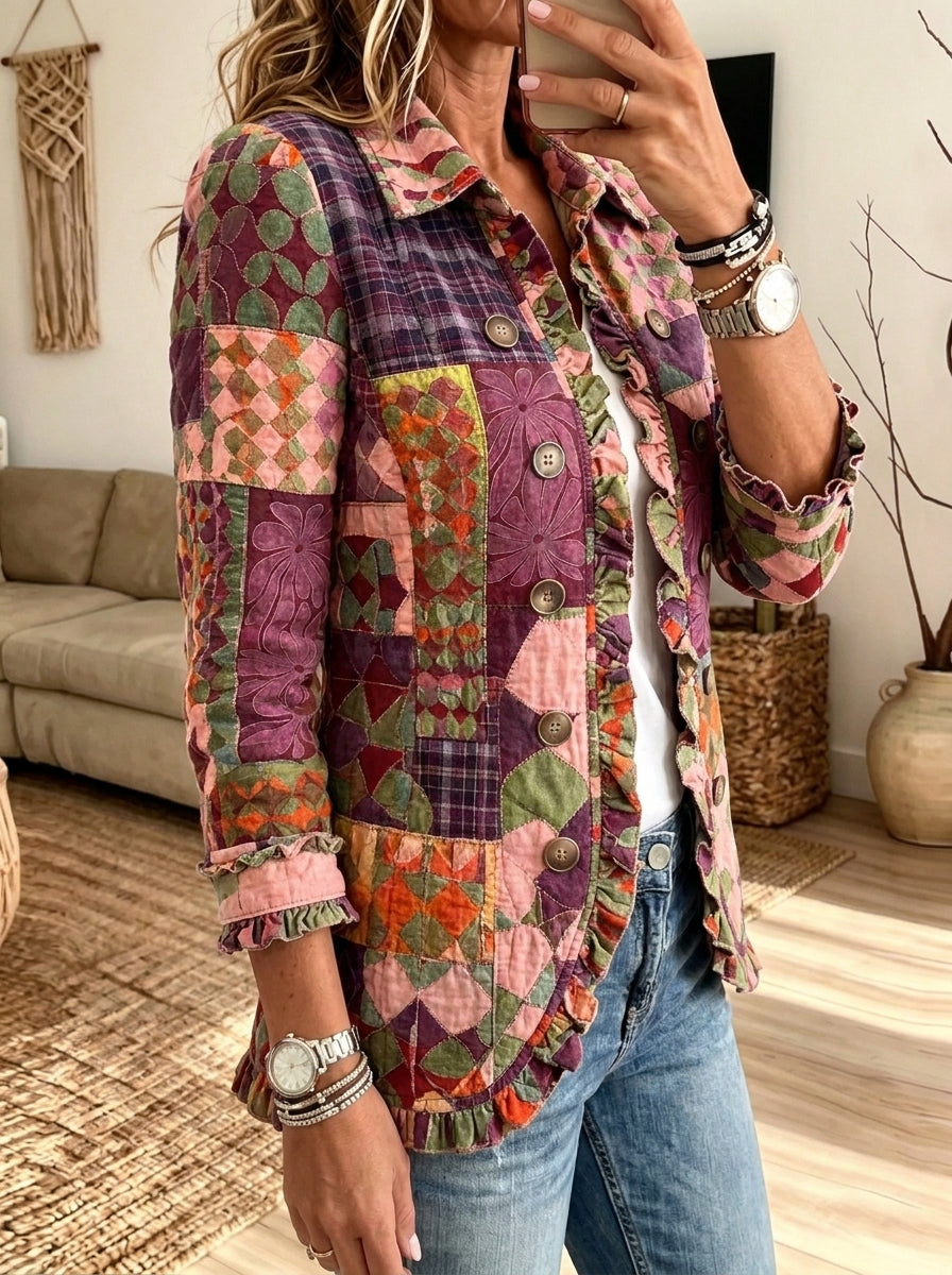 Women Boho Patchwork Floral Ruffle Trim Button Jacket