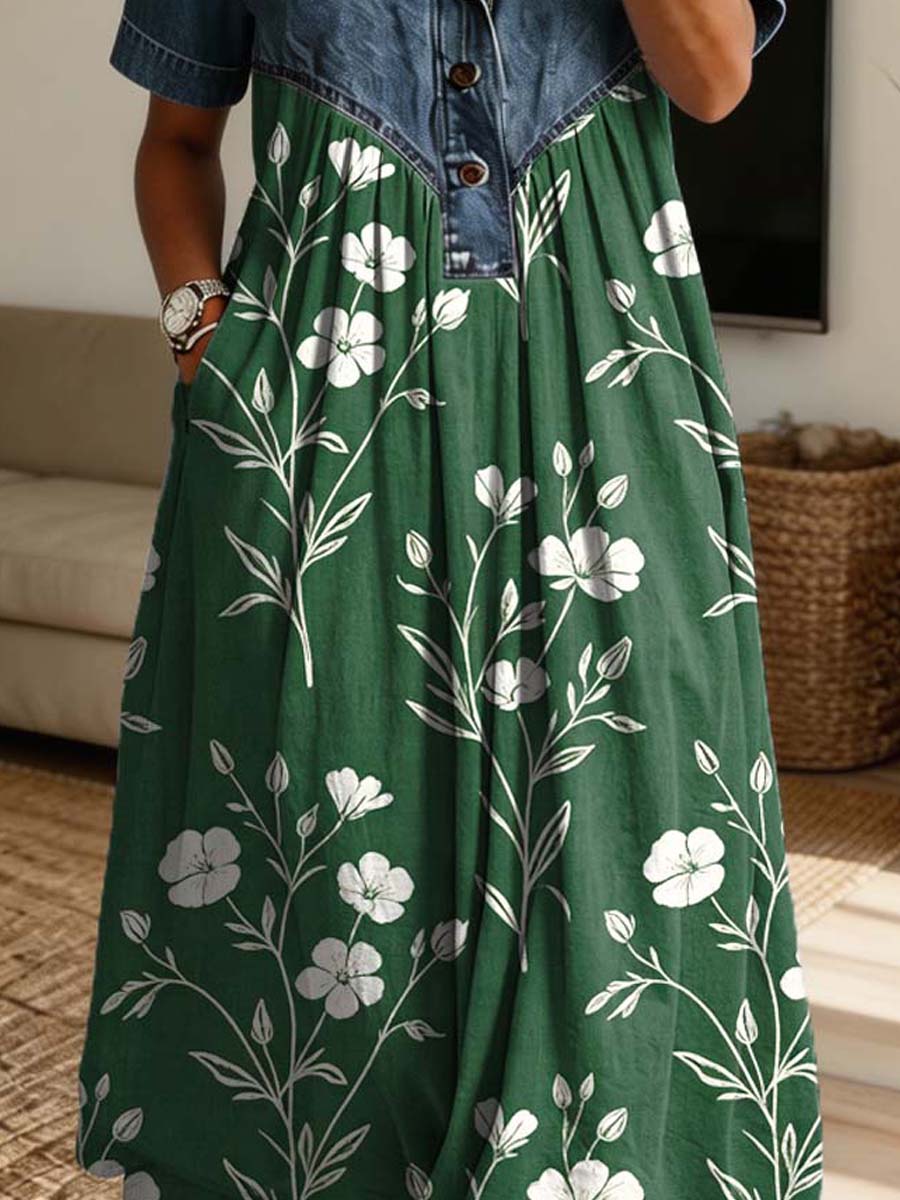 Vintage Floral Pattern Art Print Casual Stylish Lapel Denim Patchwork Dress