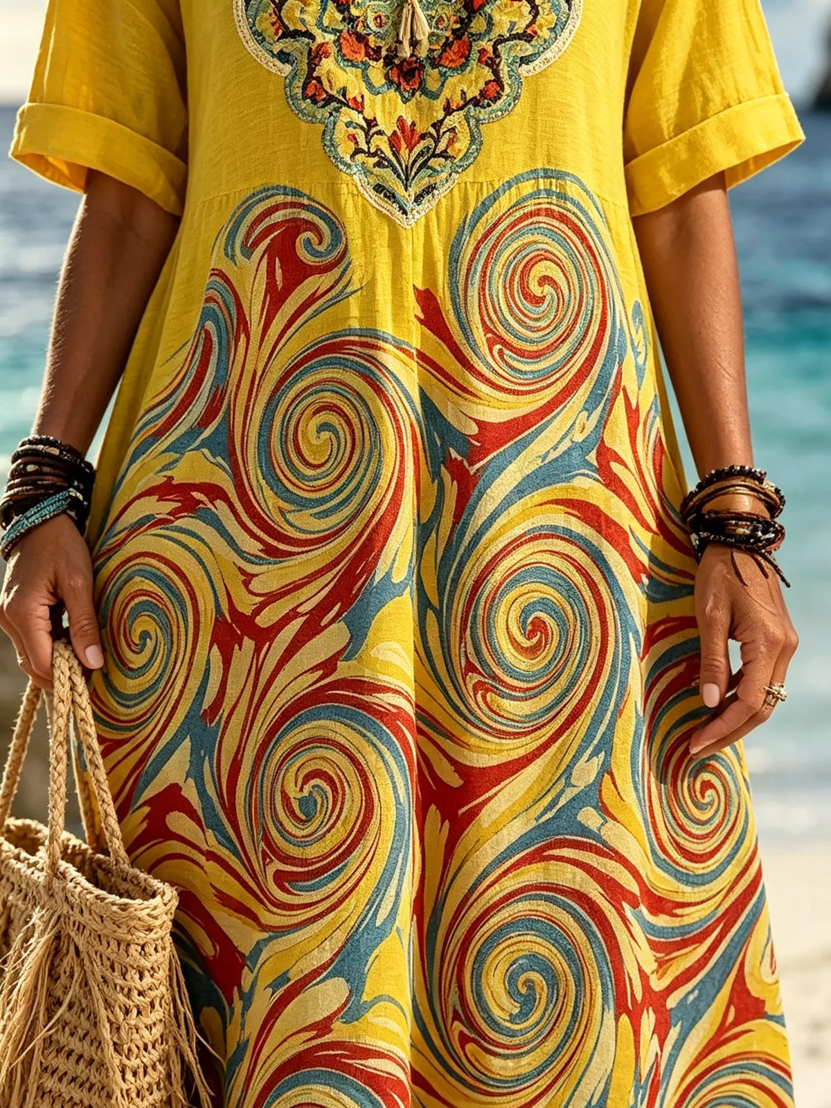 Women Art Swirl Embroidery V Neck Vacation Maxi Dress