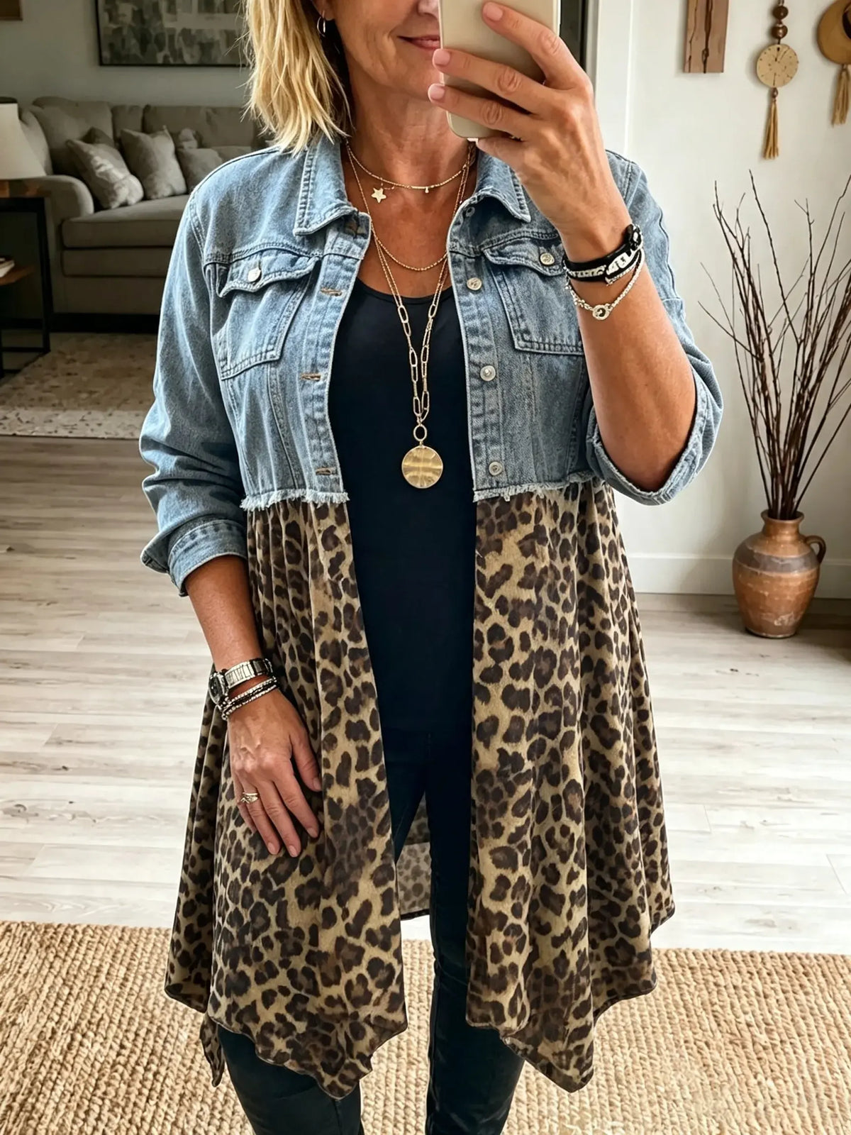 Women's Leopard Patchwork Denim Cardigan