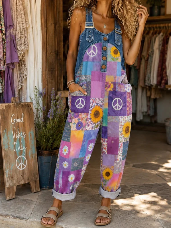 Women's Floral Peace Patchwork Print Overalls