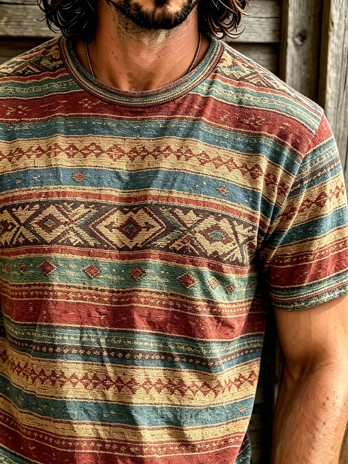 Men Navajo Ethnic Geometric Stripe Print Short Sleeve T-Shirt