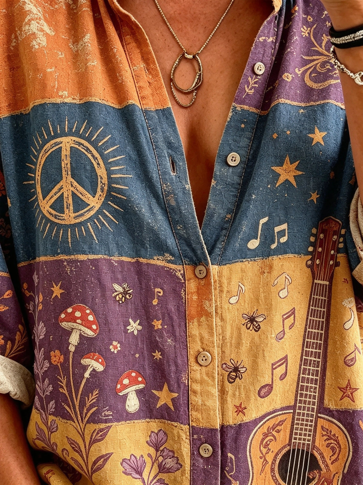 Women's Guitar Peace Print Button-Down Shirt