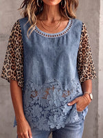 Vintage Elegant Denim Patchwork Hollowed Out Lace Leopard Print Shirt