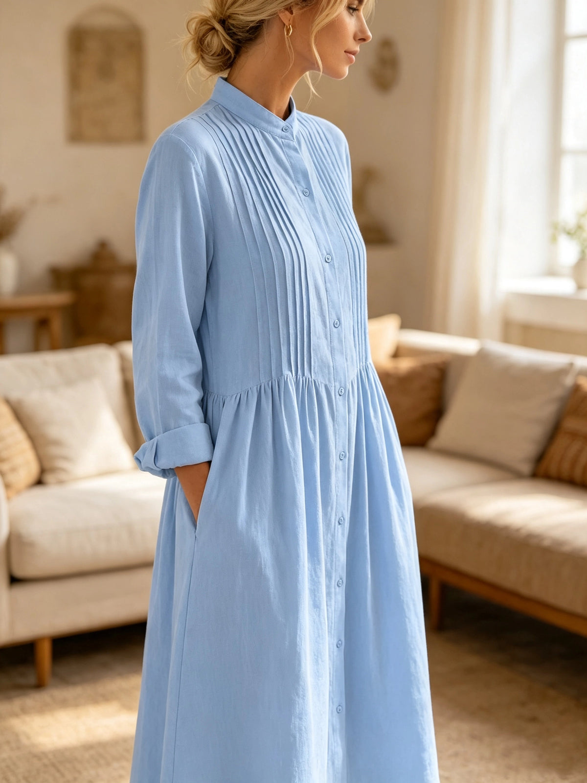 Women's Pleated Band Collar Shirt Dress