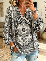 Women's Black White Ethnic Pattern Print Ruffle V-Neck Lantern Sleeve Blouse