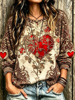 Women's Vintage Paisley Red Heart Floral Distressed Crew Neck Long Sleeve Sweatshirt