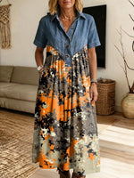 Retro Camouflage Pattern Art Print Casual Stylish Lapel Denim Patchwork Dress