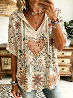 Women Washed Heart Floral Art Print Hooded Short Sleeve Top