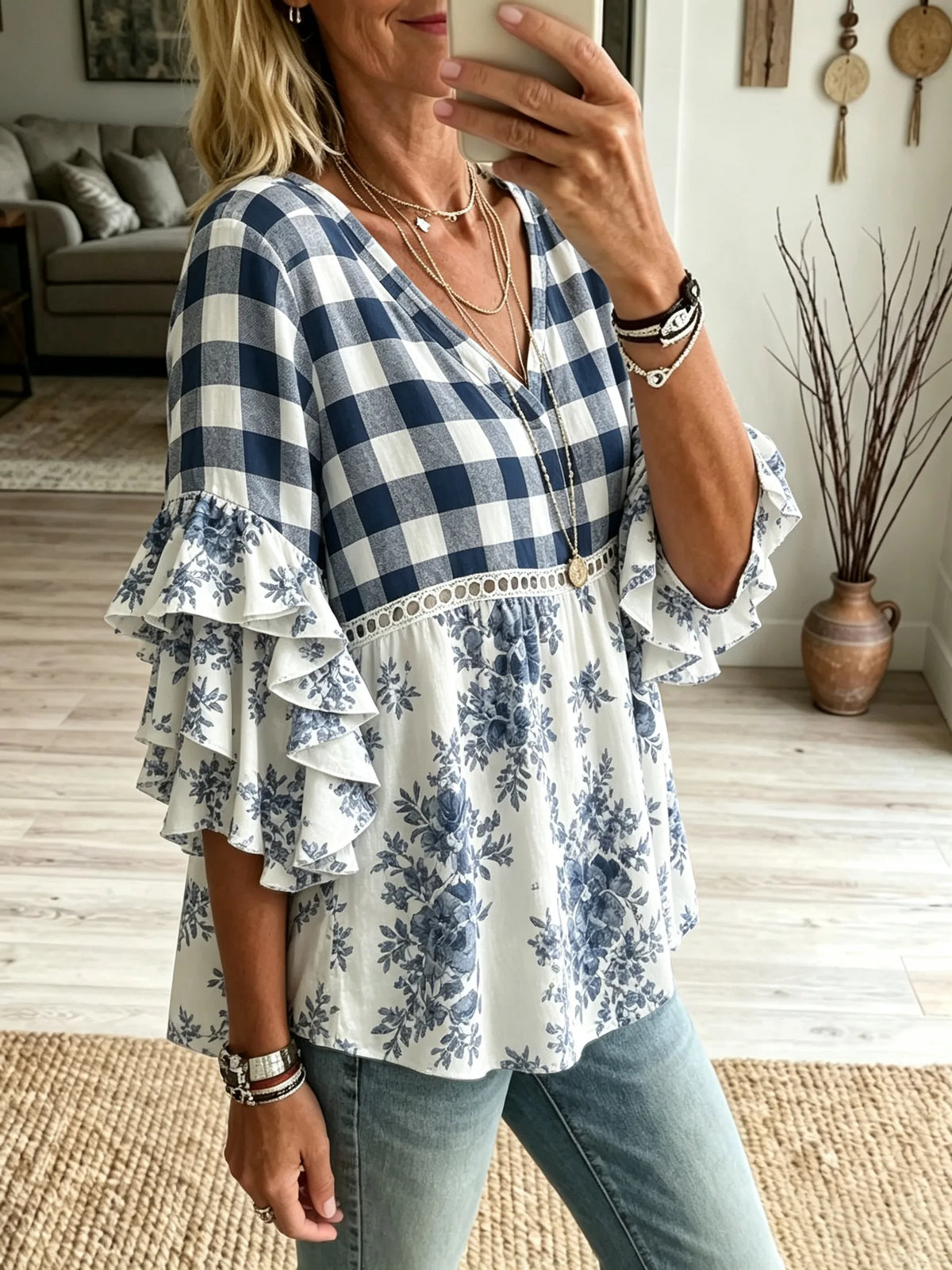 Women’s Blue White Plaid Floral Patchwork Ruffle Top
