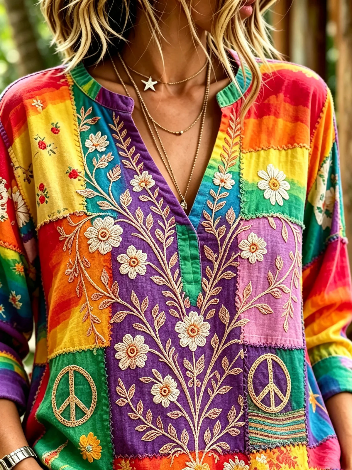 Women's Rainbow Patchwork Daisy Peace Cross Embroidery V-Neck 3/4 Sleeve Top