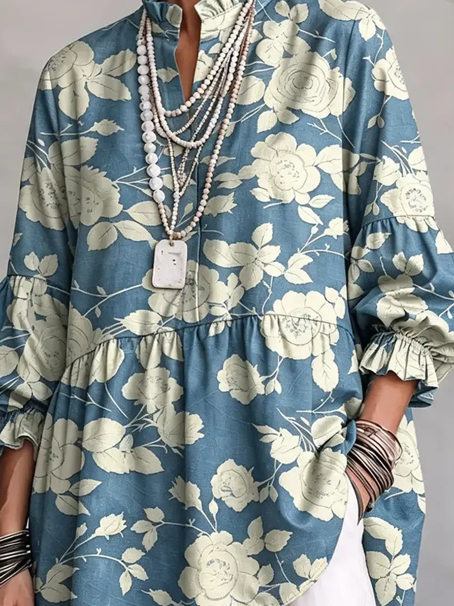 Retro Floral Art Pattern Print Ruffle Casual Stylish Cotton Linen Shirt