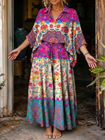 Women'sVibrant Mandala Floral Print Oversized Shirt & Wide Leg Pants Boho 2 Piece Set