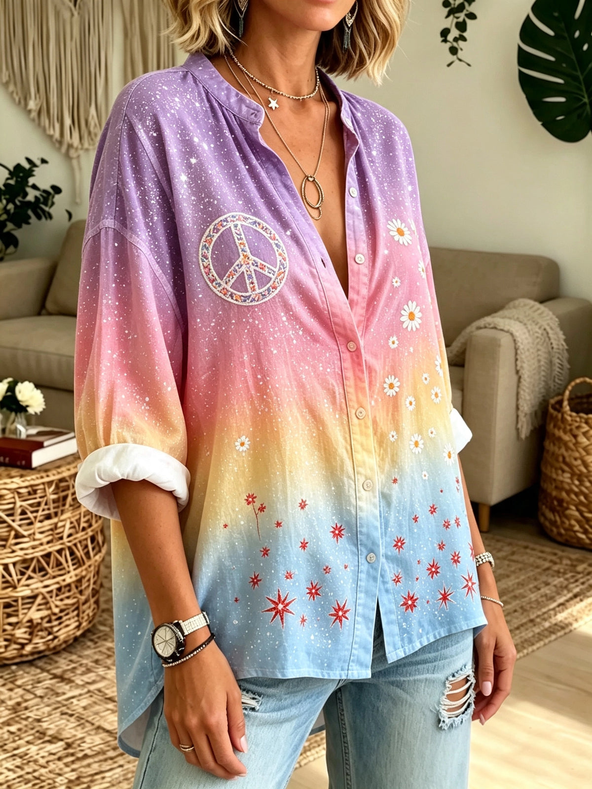 Women's Ombre Daisy Peace Print Button-Down Shirt