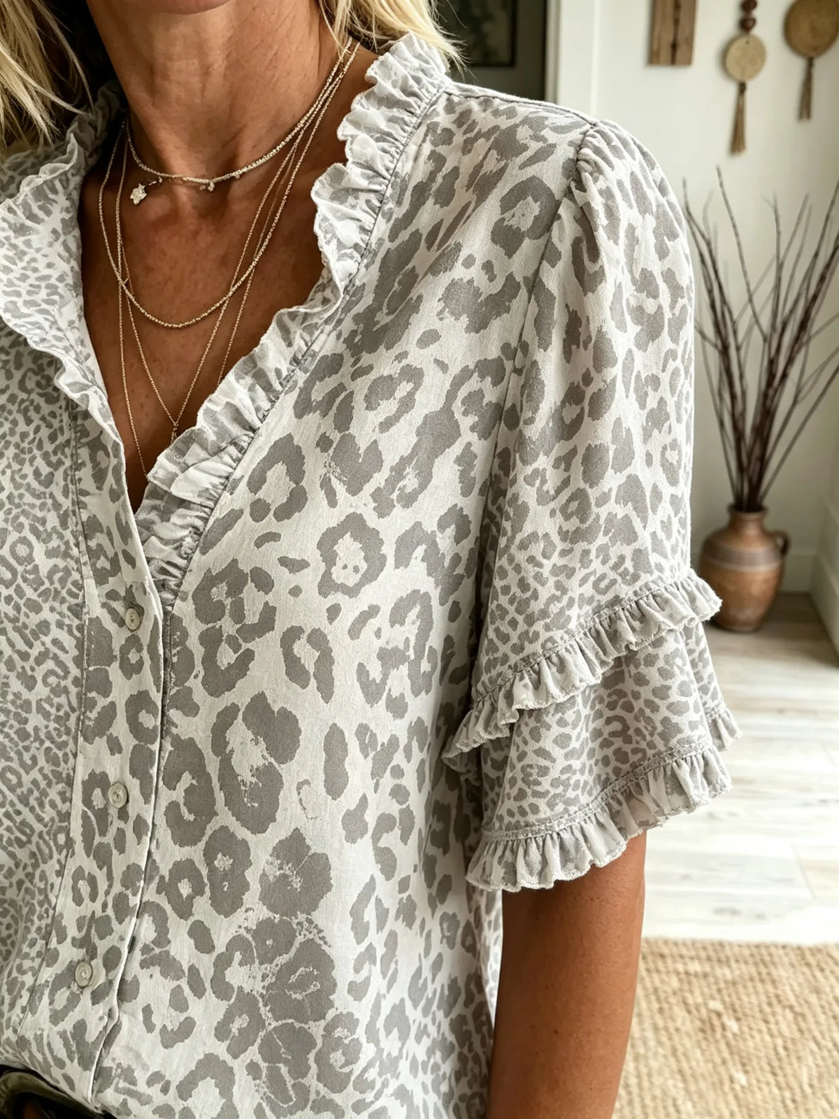 Women's Light Grey Leopard Print Ruffle Short Sleeve Blouse