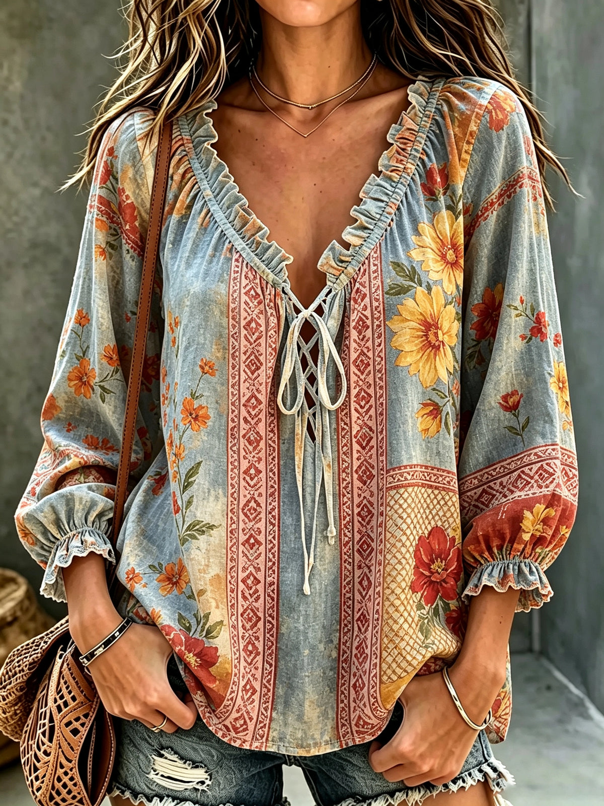 Women's Sunflower Border Print Tie-Neck Blouse