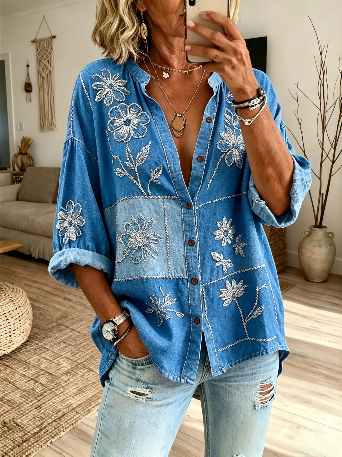 Women’s Blue White Floral Print Button Down Shirt