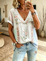 Women's Macaron Vertical Stripe Floral Print V-Neck Loose Short Sleeve Blouse